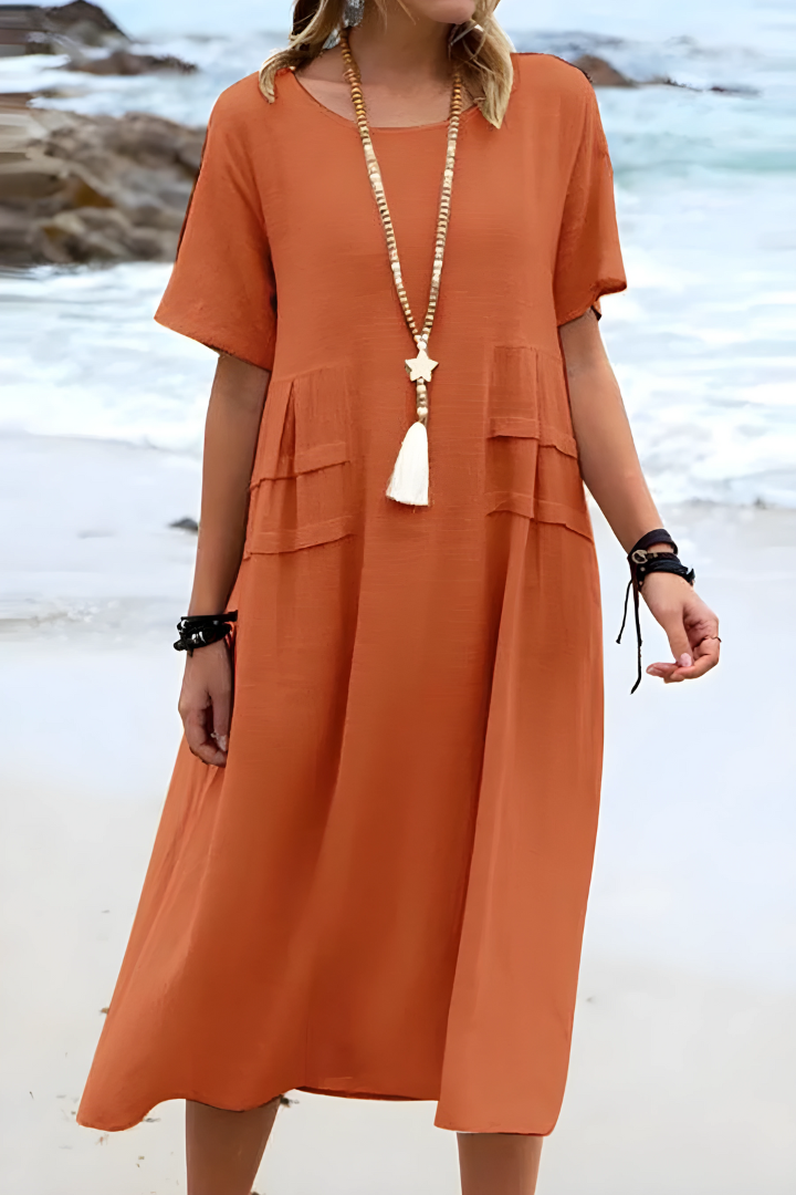 Elena | Damen Midi-Kleid Kurzarm Sommerkleid Unifarben