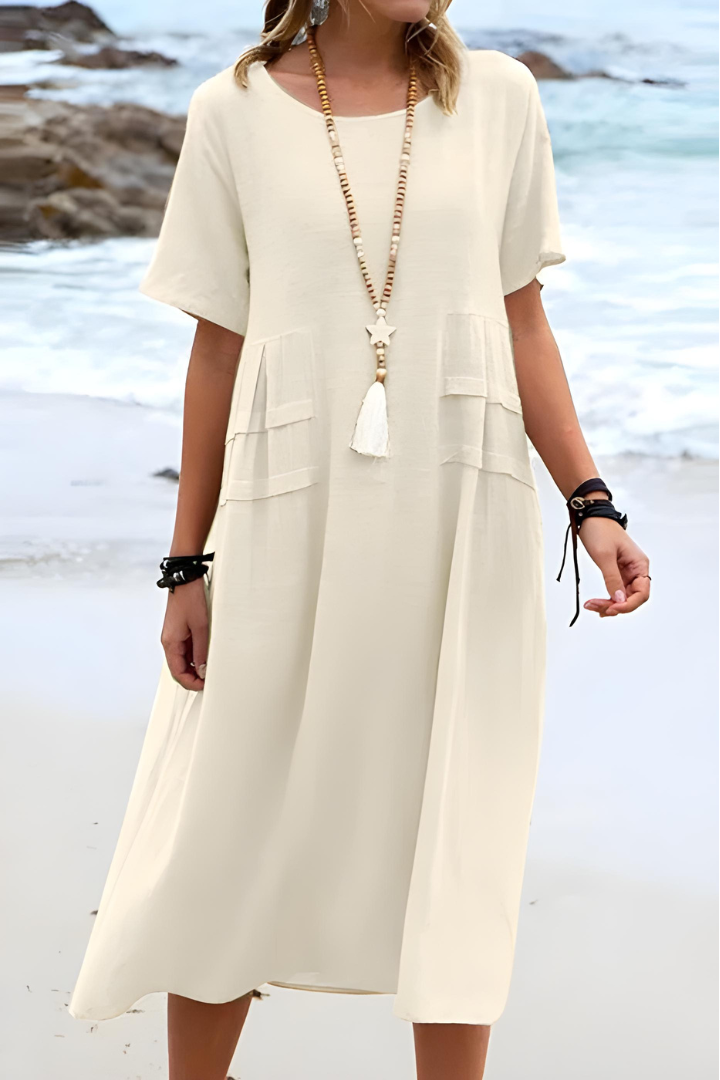 Elena | Damen Midi-Kleid Kurzarm Sommerkleid Unifarben