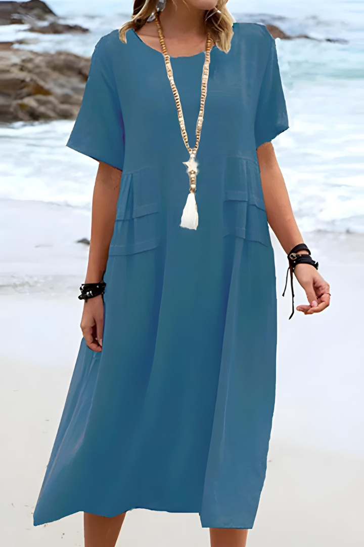 Elena | Damen Midi-Kleid Kurzarm Sommerkleid Unifarben