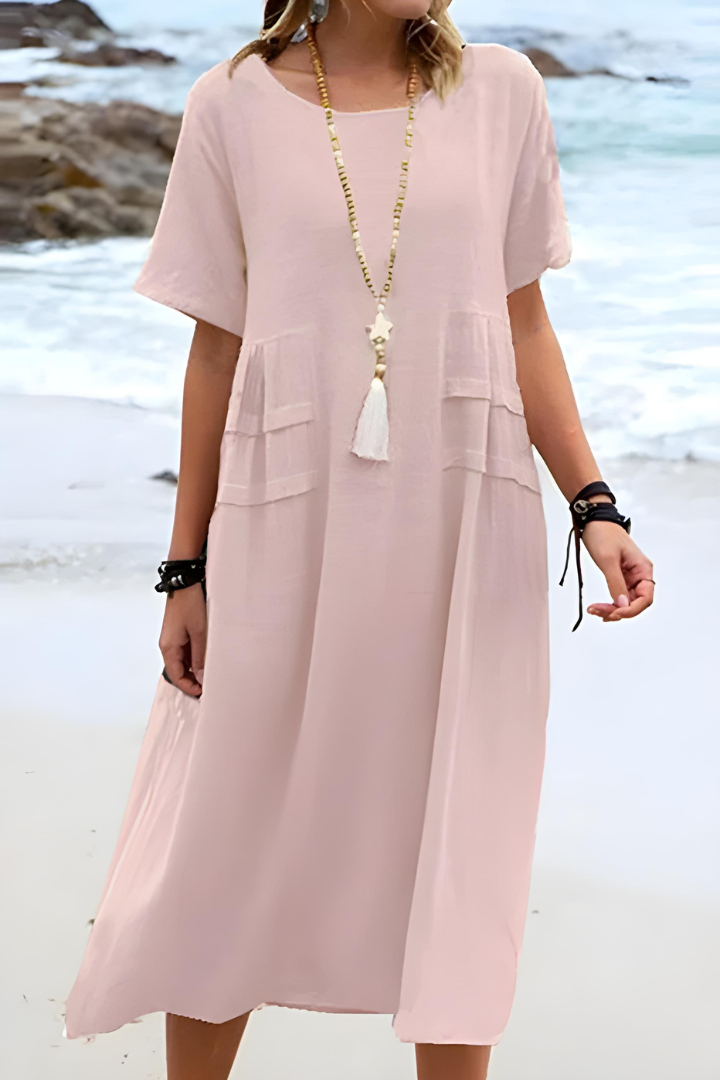 Elena | Damen Midi-Kleid Kurzarm Sommerkleid Unifarben
