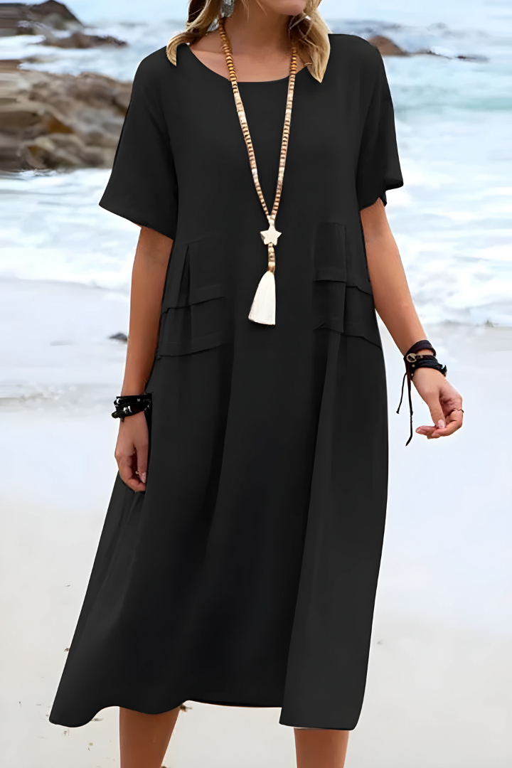 Elena | Damen Midi-Kleid Kurzarm Sommerkleid Unifarben