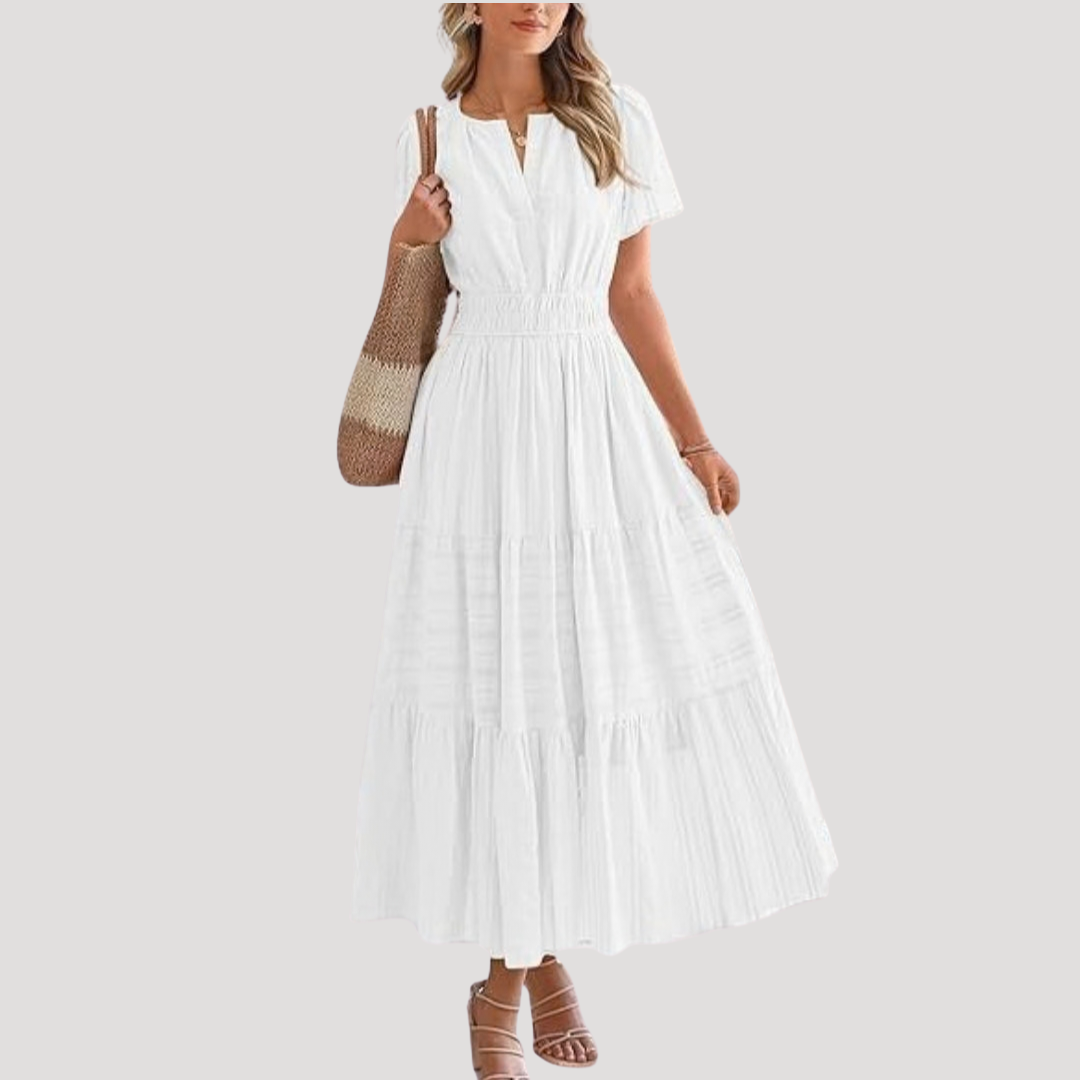 Astoria | Damen Stufenkleid Maxikleid Kurzarm - White - Image 1