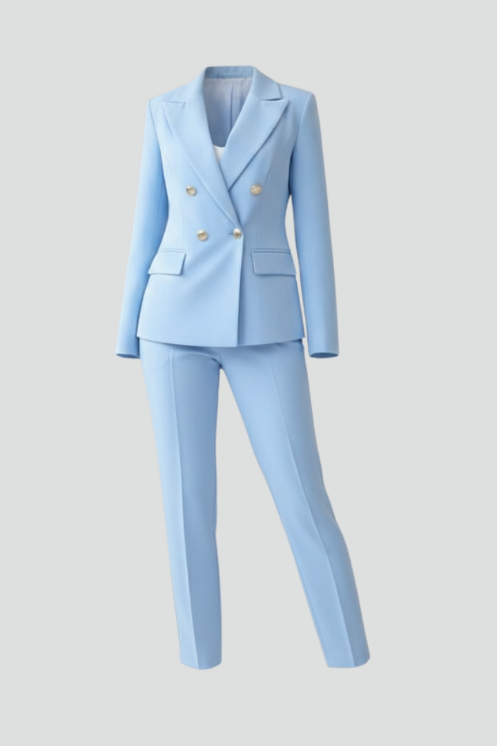 Astrid | Damen Doppelreihiger Blazer Hosenanzug Set - Light Blue - Image 1