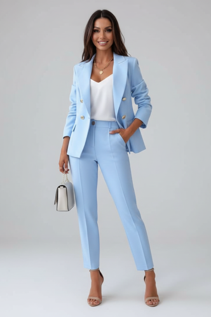 Astrid | Damen Doppelreihiger Blazer Hosenanzug Set - Light Blue - Image 2