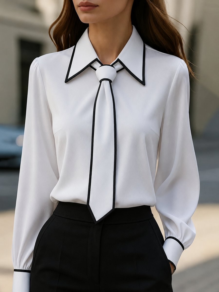Astrid | Damen Langarmbluse Kontrastkragen Krawattendetail - White - Image 1