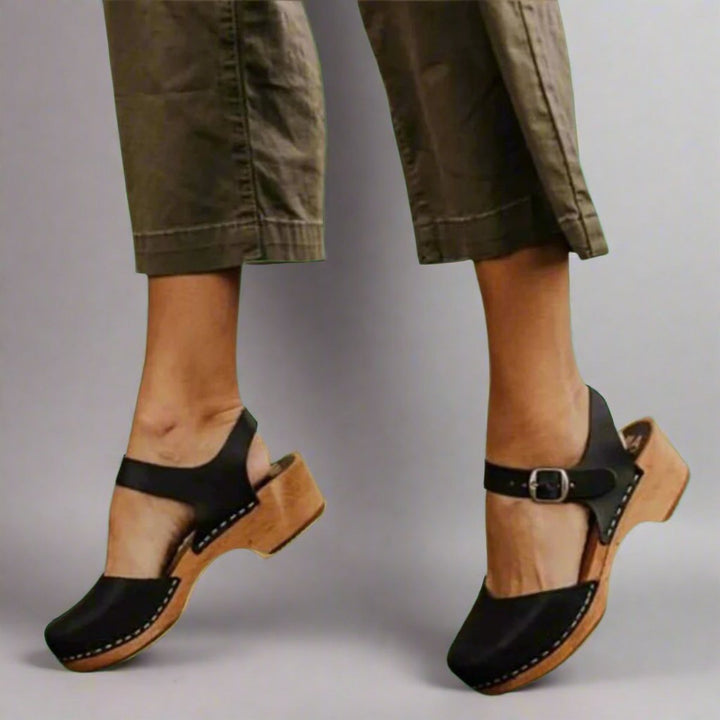 Astrid | Damen Plateau Clogs mit Knöchelriemen - Camel - Image 5