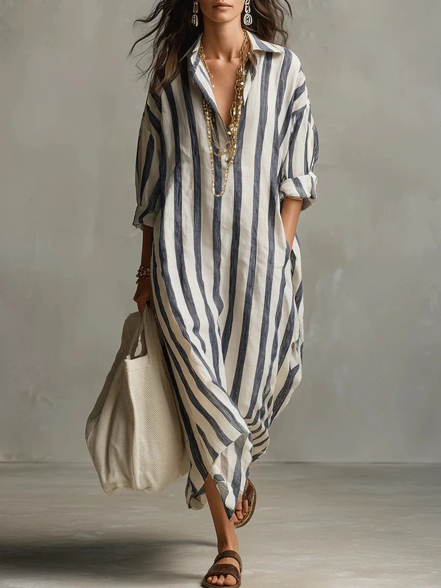Aurelia | Damen Gestreiftes Maxi Hemdkleid - Striped - Image 1