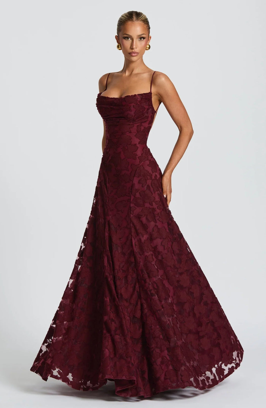 Aurelie | Damen A-Linie Florales Maxi Abendkleid - Burgundy - Image 1