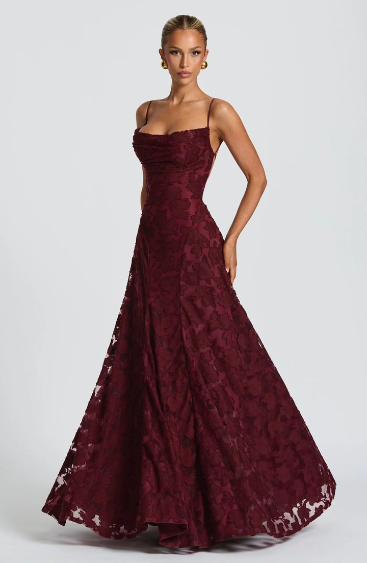 Aurelie | Damen A-Linie Florales Maxi Abendkleid - Burgundy - Image 1