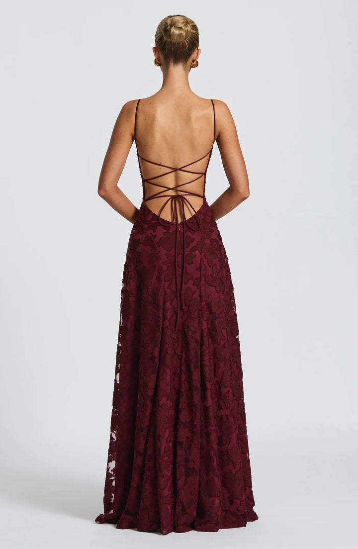 Aurelie | Damen A-Linie Florales Maxi Abendkleid - Burgundy - Image 4