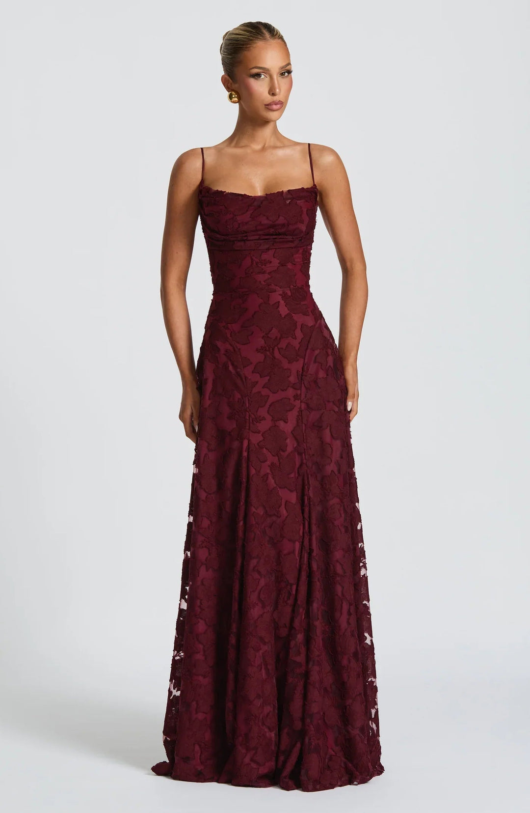 Aurelie | Damen A-Linie Florales Maxi Abendkleid - Burgundy - Image 6