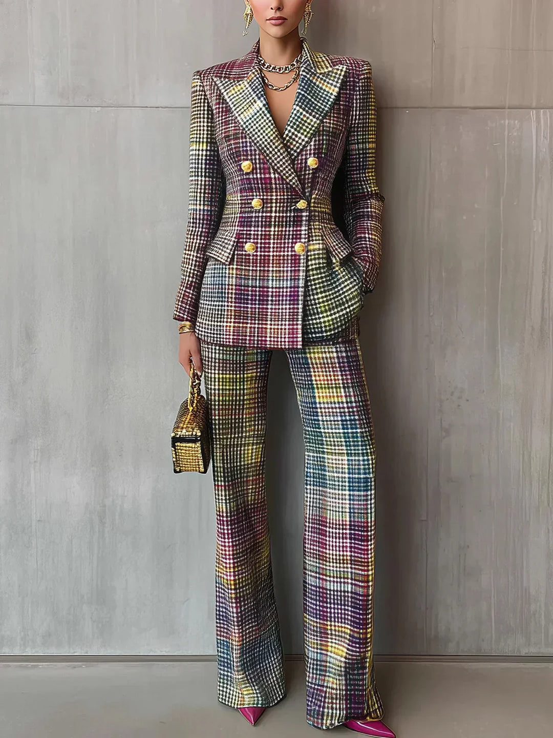 Auriana | Damen Kariert Zweireihiger Blazer Set - Image 1