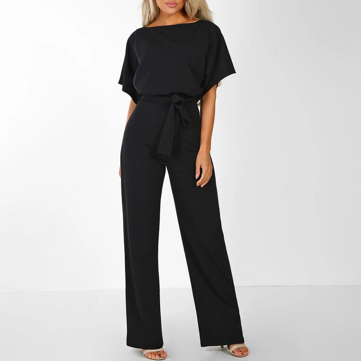 Maka | Damen Jumpsuit Weites Bein Bindegürtel Kurzarm Elegant