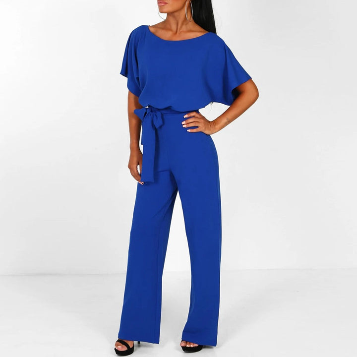 Maka | Damen Jumpsuit Weites Bein Bindegürtel Kurzarm Elegant