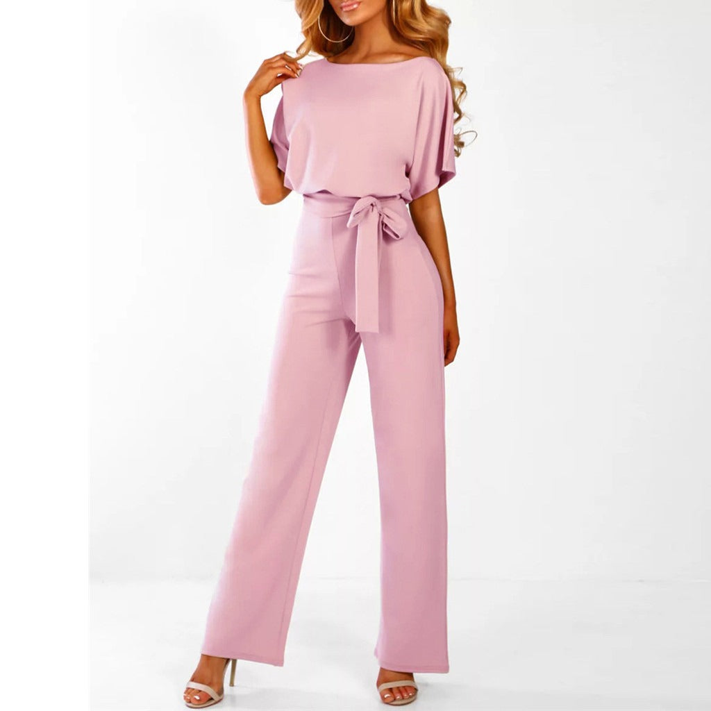 Maka | Damen Jumpsuit Weites Bein Bindegürtel Kurzarm Elegant