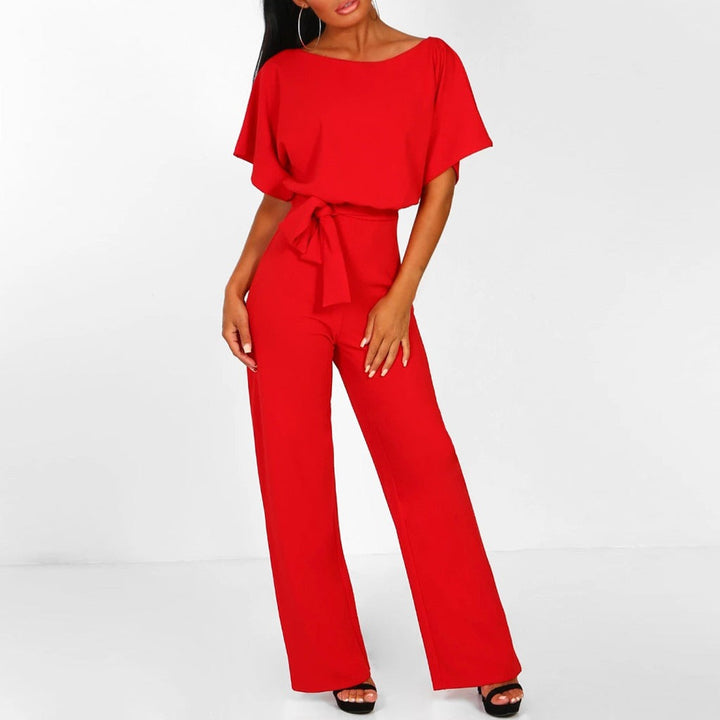 Maka | Damen Jumpsuit Weites Bein Bindegürtel Kurzarm Elegant