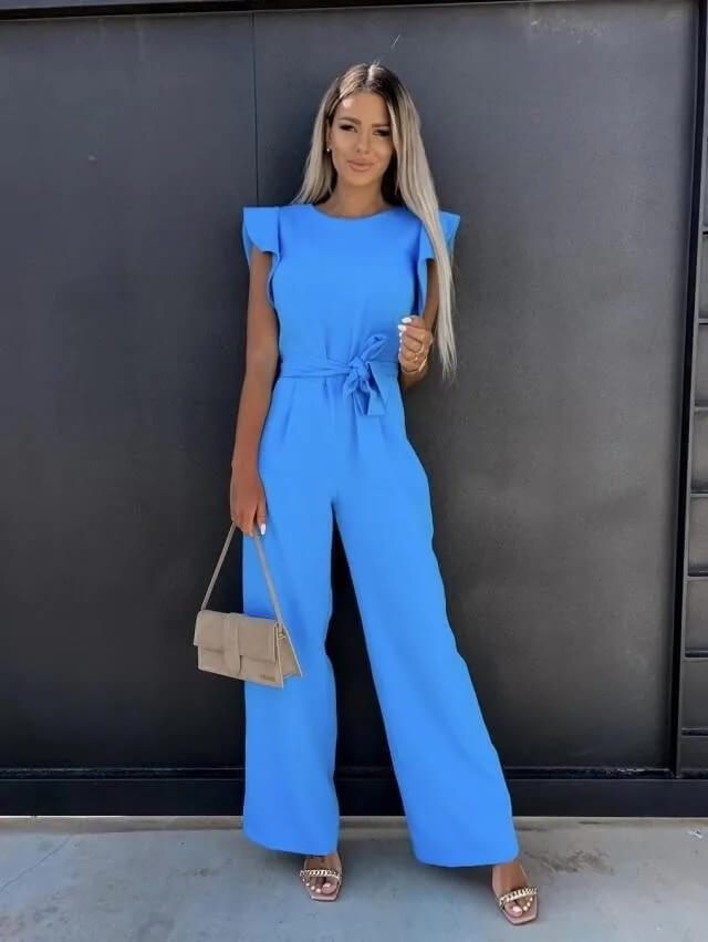 Pearl | Damen Jumpsuit Rüschenärmel Weites Bein Bindegürtel Elegant