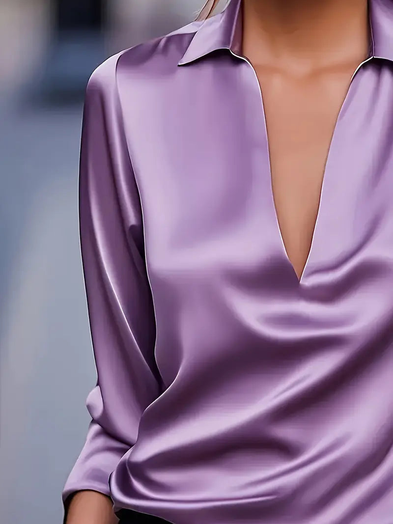 Stella | Damen Satin Bluse Langarm V-Ausschnitt Elegant