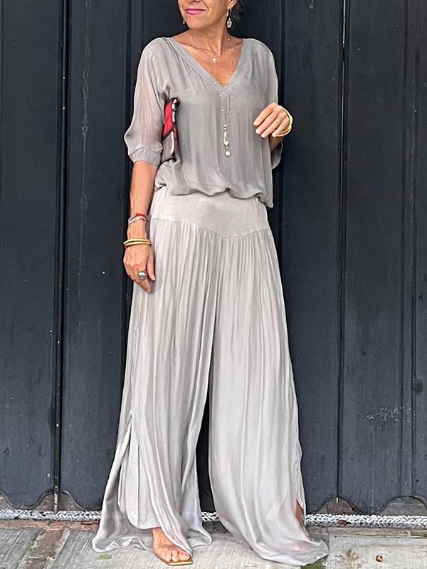 Saila | Damen Maxikleid V-Ausschnitt Fledermausärmel Unifarbe