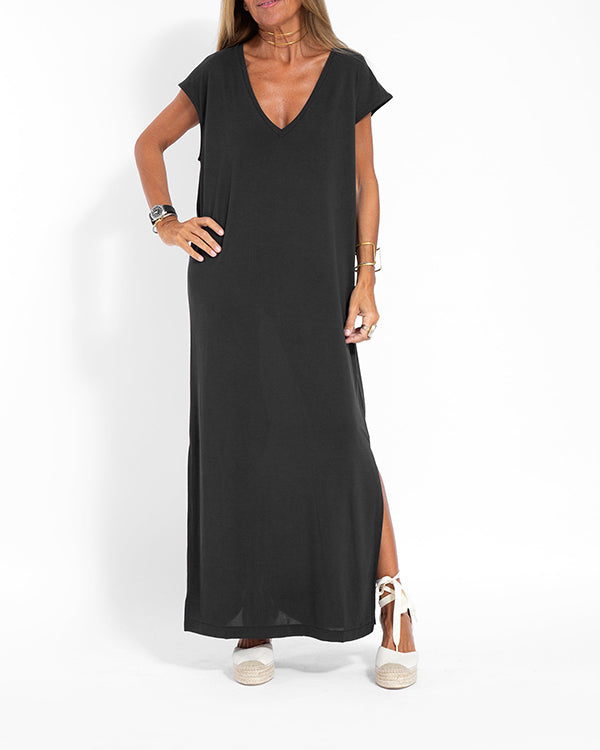 Maya | Damen Langes Freizeitkleid V-Ausschnitt Kurzarm Loose Fit