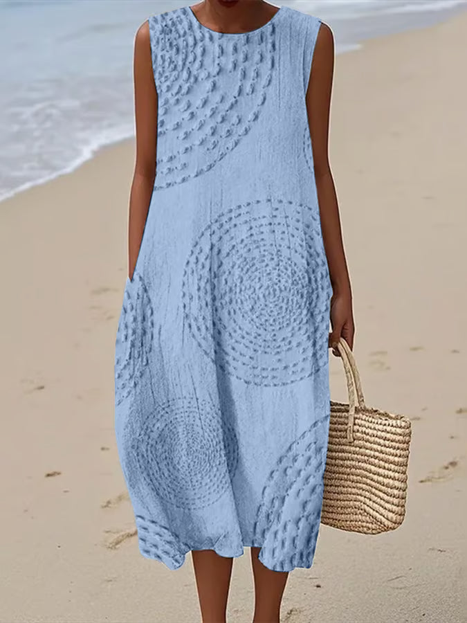 Clara | Damen Sommerkleid Ärmellos Midi Kleid Strukturiert Rundhals