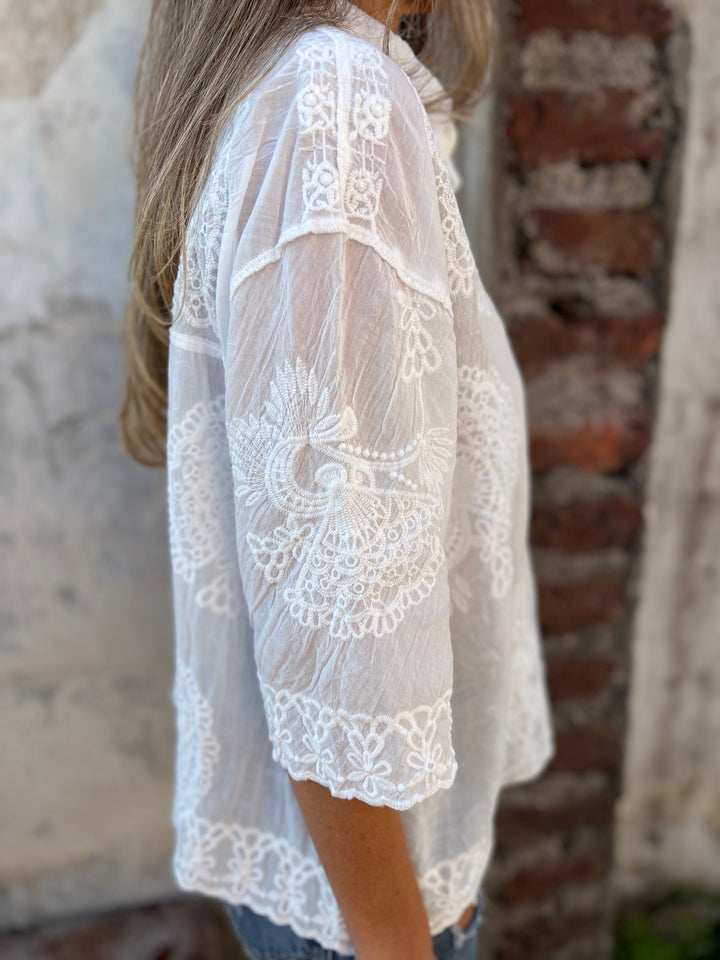 Clara | Damen Bluse Weiß mit Spitze ¾ Arm Knopfleiste