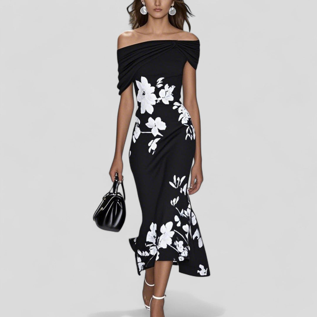 Vivienne | Damen Midi Kleid Off-Shoulder Blumenmuster Festliches Sommerkleid