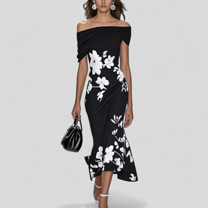 Vivienne | Damen Midi Kleid Off-Shoulder Blumenmuster Festliches Sommerkleid