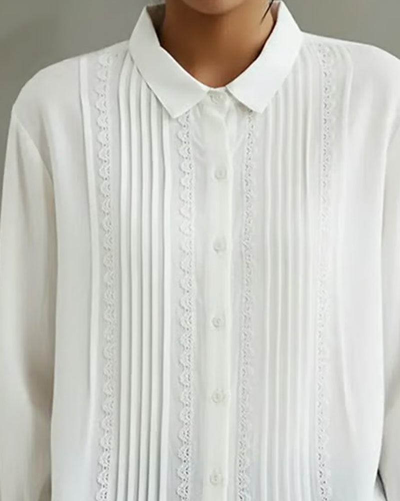 Odette | Damen Bluse Langarm Spitzendetail Plissee Hemdbluse