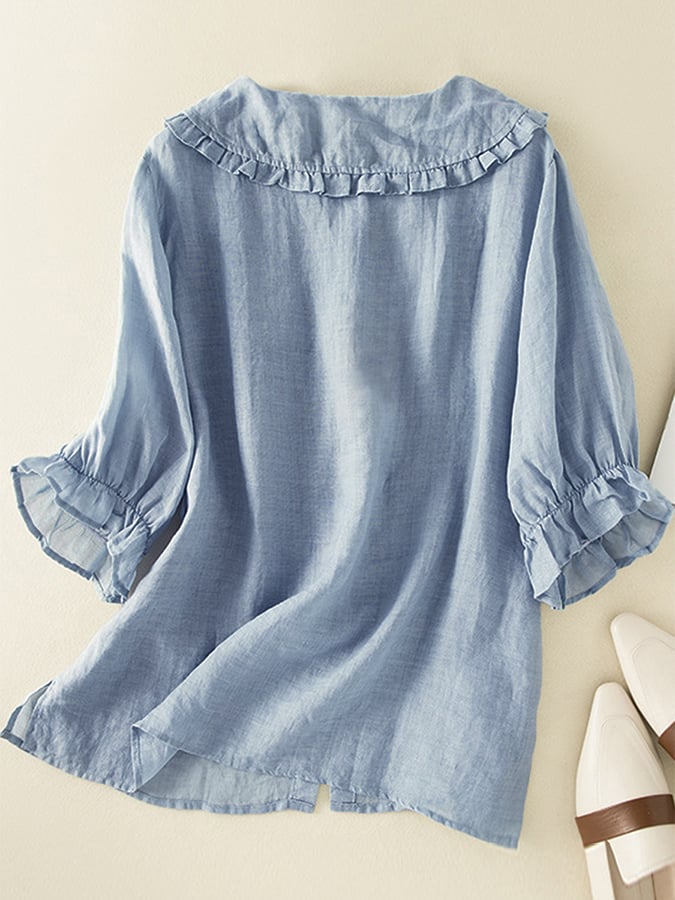 Marie | Damen bluse Rüschenkragen 3/4 Ärmel Knopfleiste