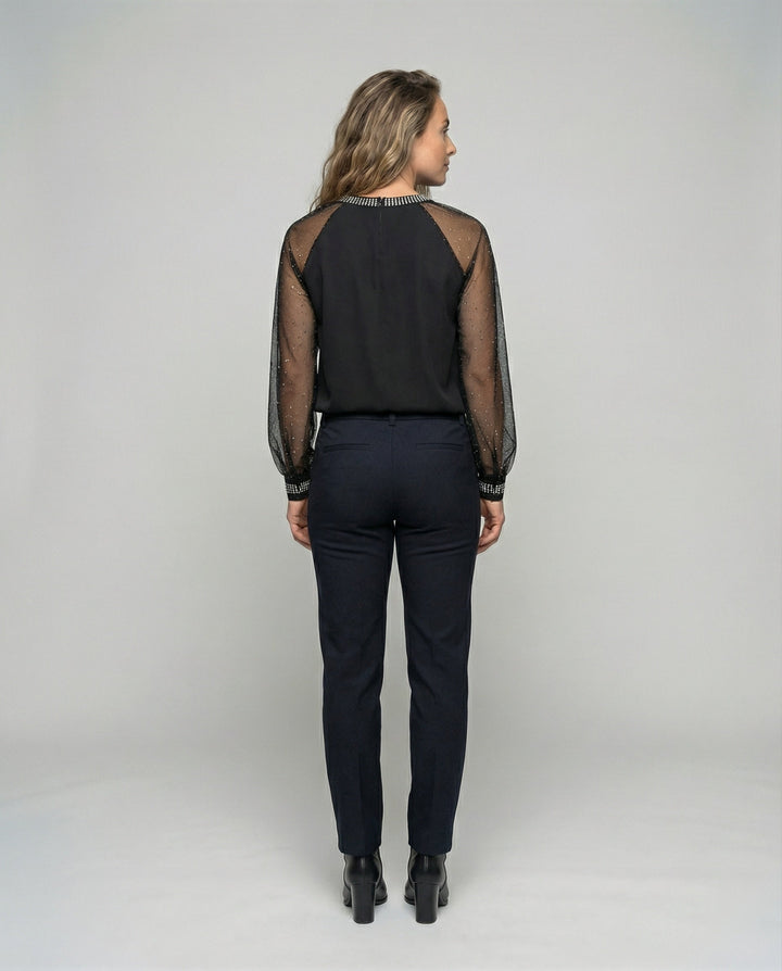 Nina | Damen Mesh Top Transparent Langarm Nieten Rundhals Elegant