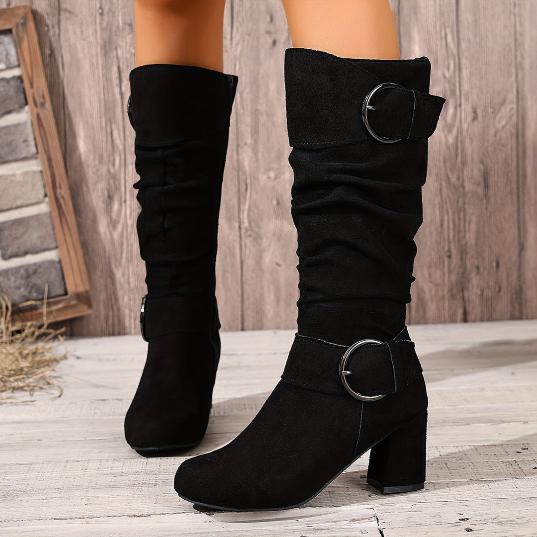 Baldrun | Damen Kniehohe Stiefel mit Blockabsatz - Taupe - Image 2