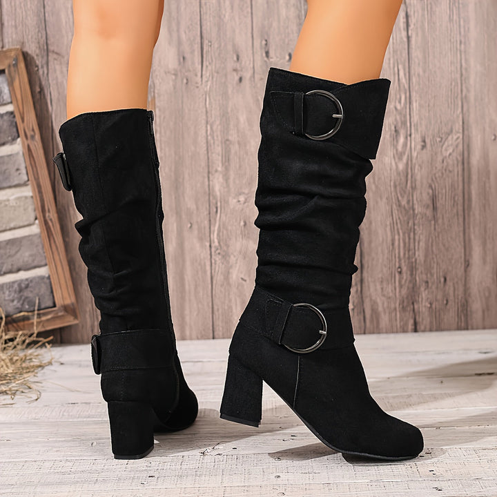 Baldrun | Damen Kniehohe Stiefel mit Blockabsatz - Taupe - Image 4