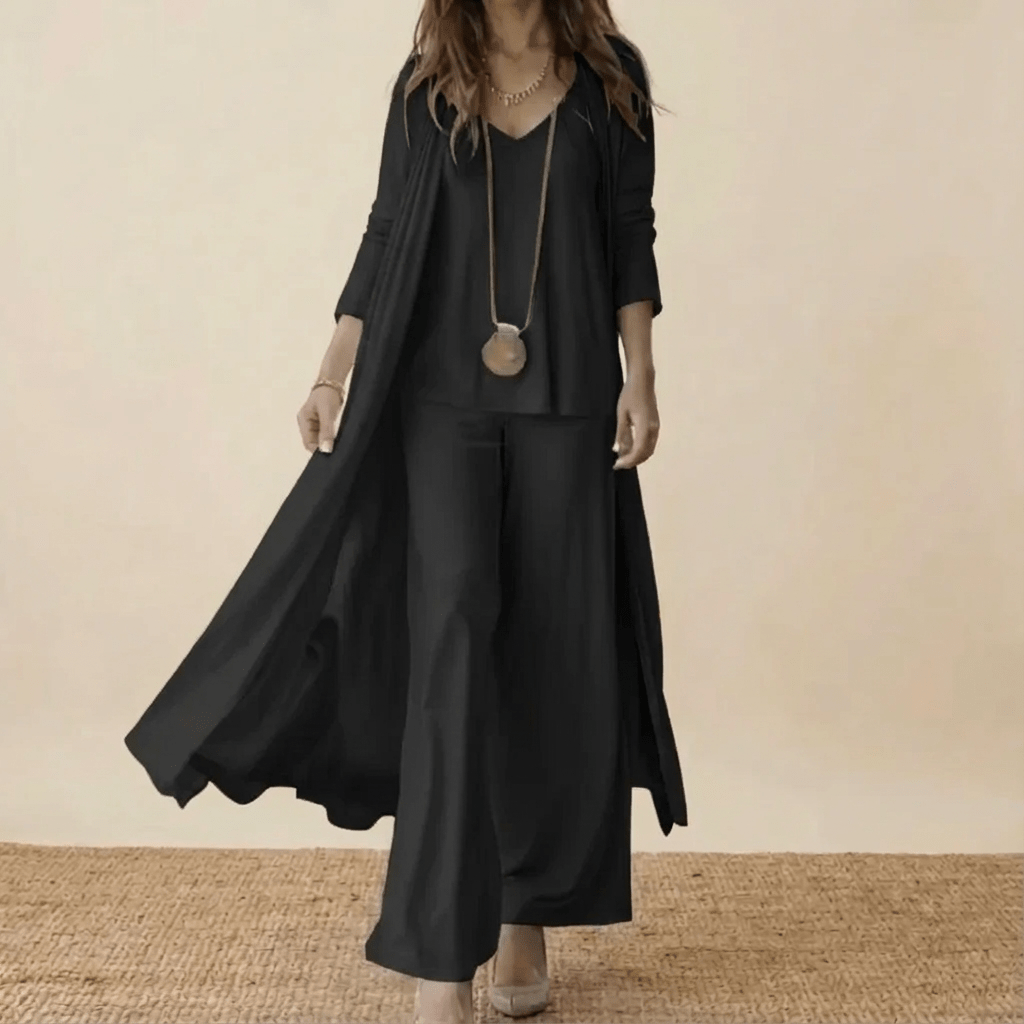 Aria | Damen 3-teiliges Set Langer Cardigan Weite Hose Elegant