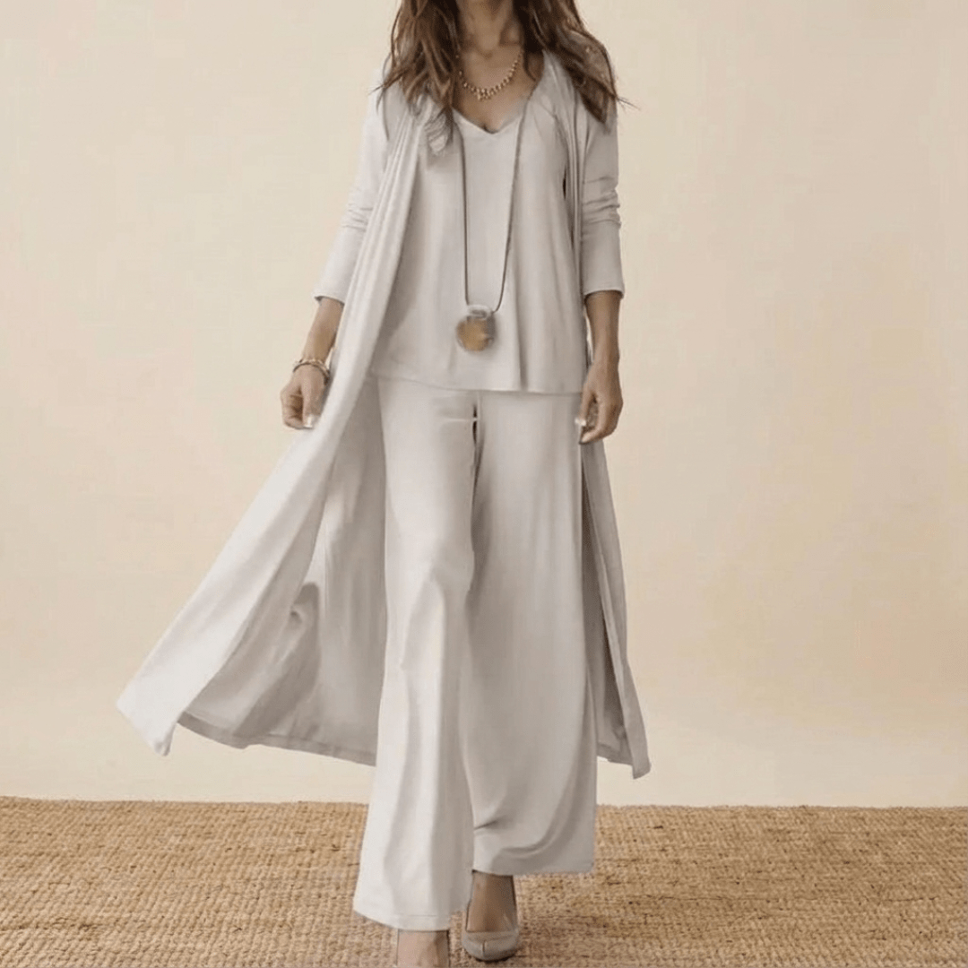 Aria | Damen 3-teiliges Set Langer Cardigan Weite Hose Elegant