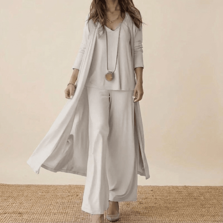 Aria | Damen 3-teiliges Set Langer Cardigan Weite Hose Elegant