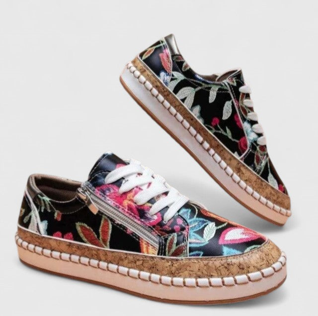 Glora | Damen Plateau Sneaker Blumenmuster Schnürschuh Espadrille Stil