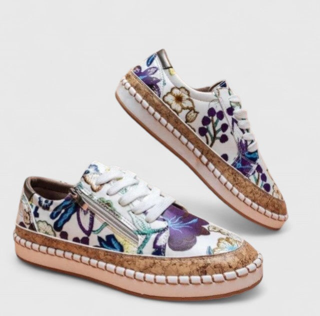 Glora | Damen Plateau Sneaker Blumenmuster Schnürschuh Espadrille Stil