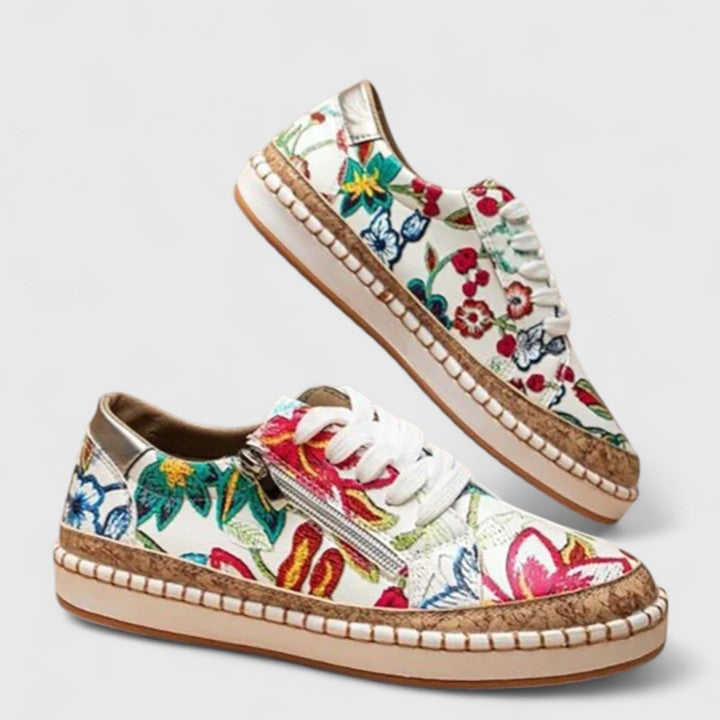 Glora | Damen Plateau Sneaker Blumenmuster Schnürschuh Espadrille Stil