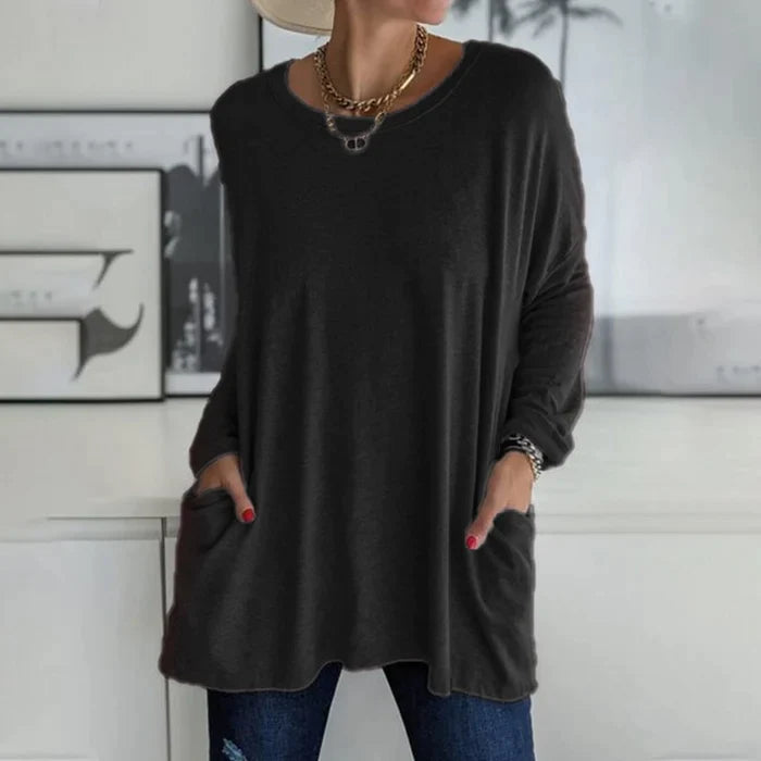 Noja | Damen Longshirt Übergroß Rundhals Seitentaschen Herbst