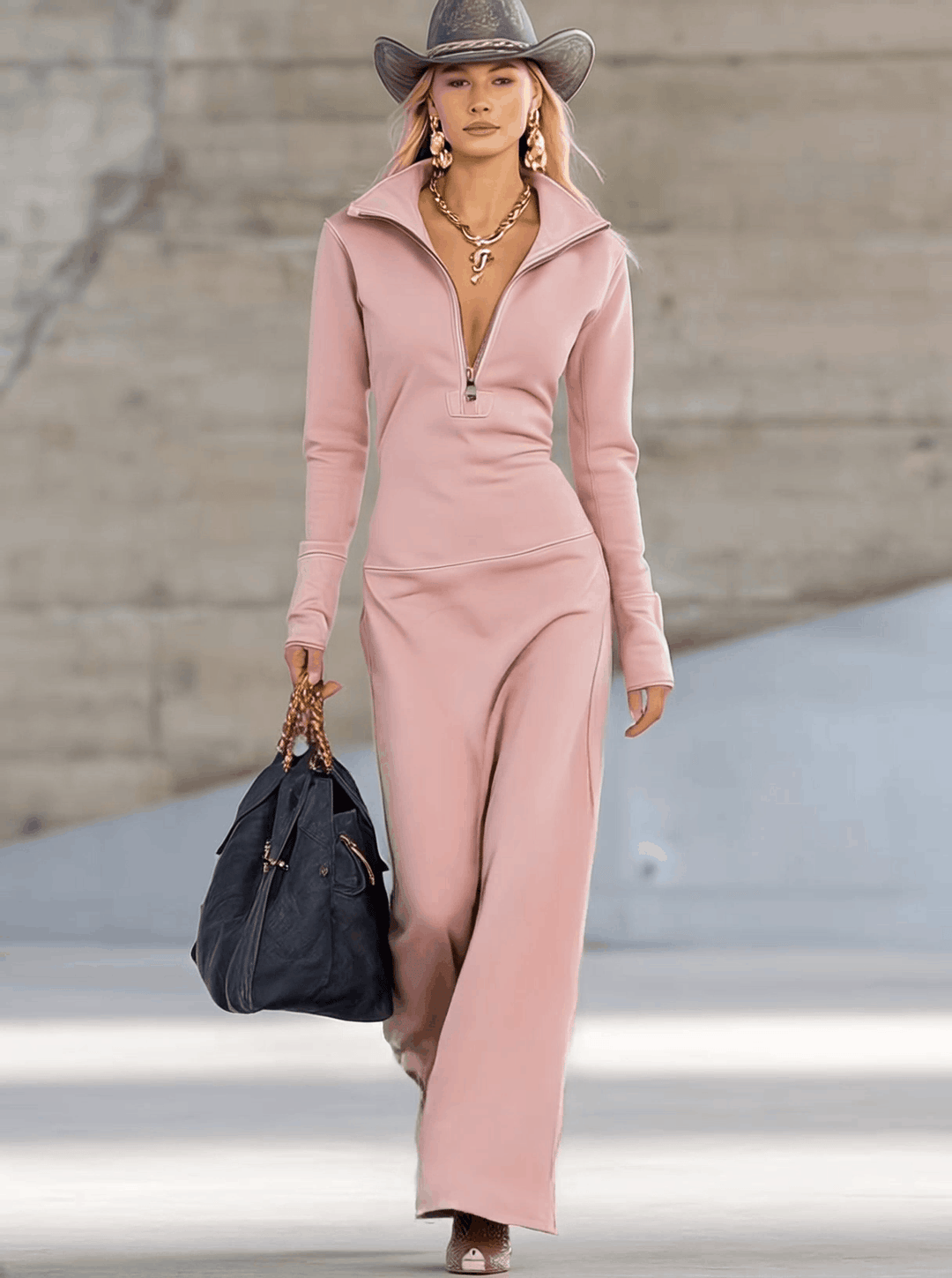 Beatrice | Damen Rosa Kapuzen Maxikleid Langarm - Pink - Image 2
