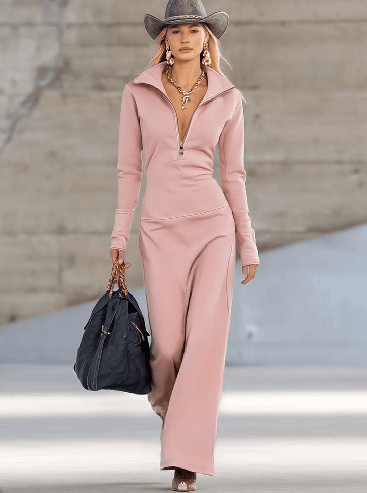 Beatrice | Damen Rosa Kapuzen Maxikleid Langarm - Pink - Image 2