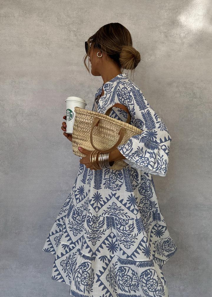 Benedikta | Damen Boho Langarm Mini Kleid mit Muster - Blue - Image 3