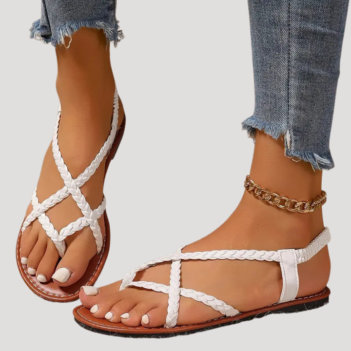 Benedikta | Damen Geflochtene Flache Riemchensandalen - White - Image 1
