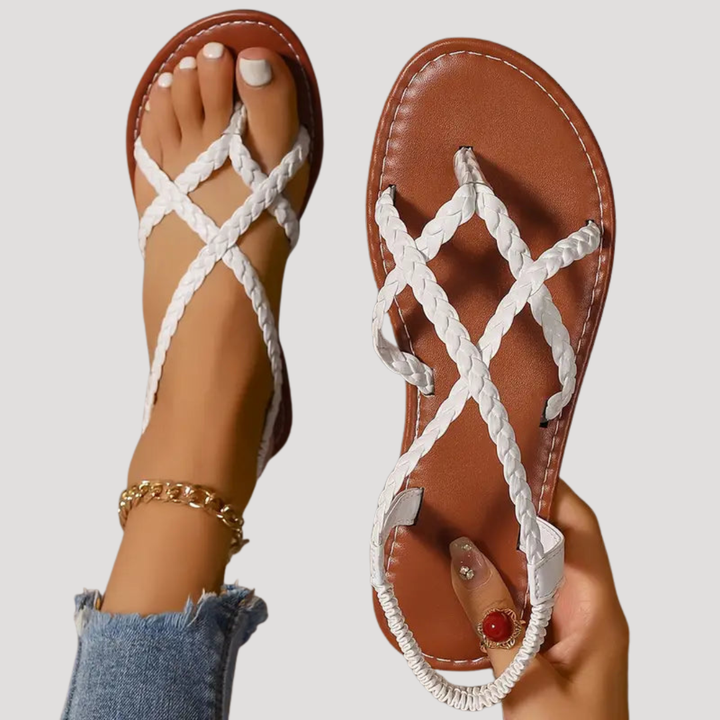 Benedikta | Damen Geflochtene Flache Riemchensandalen - White - Image 2