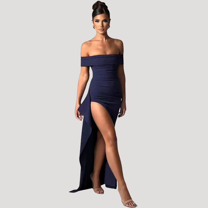 Benedikta | Damen Off Shoulder Elegantes Maxikleid - Black - Image 4