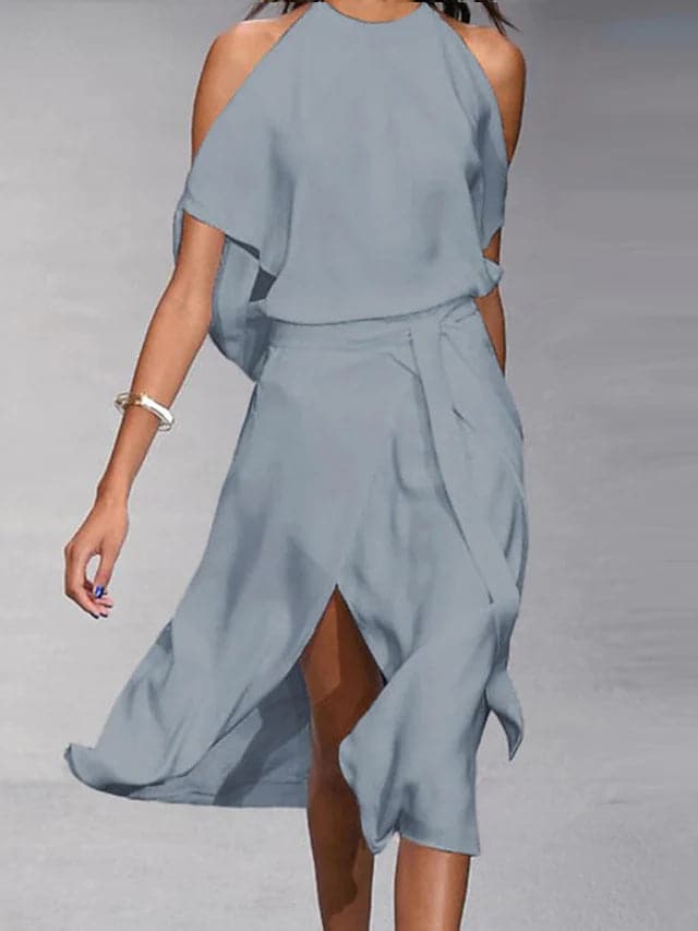Benedikta | Damen Schulterfreies Midi Kleid - Light Blue - Image 1