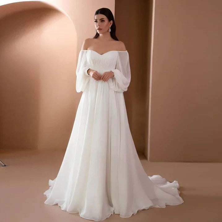 Bettina | Damen Schulterfreies Maxikleid mit Puffärmeln - White - Image 1