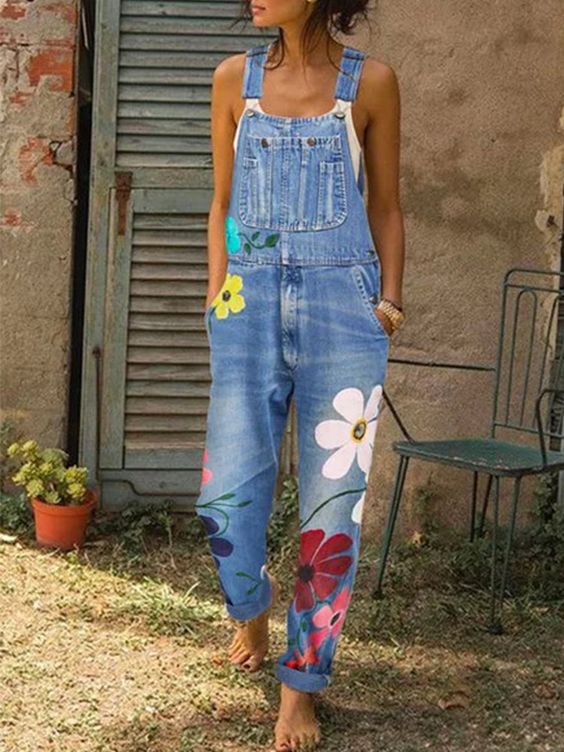 Mila | Damen Denim Latzhose mit Blumenmuster Jeans Overall