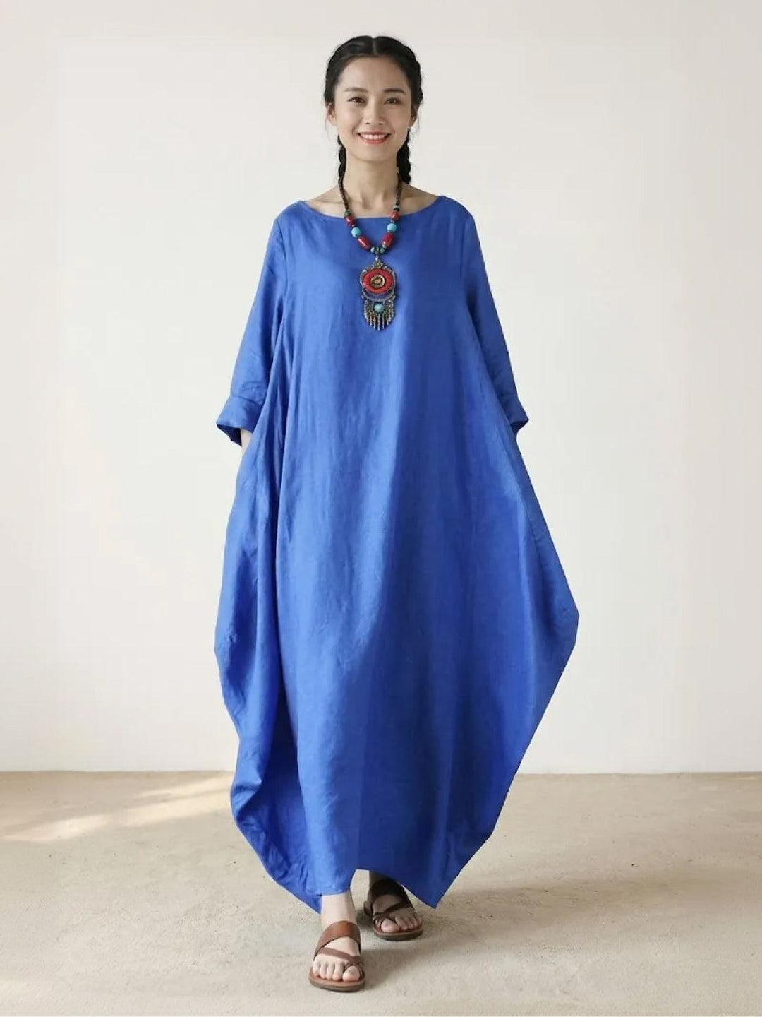 Clea | Damen Boho Maxikleid Oversized Fledermausärmel Unifarbe